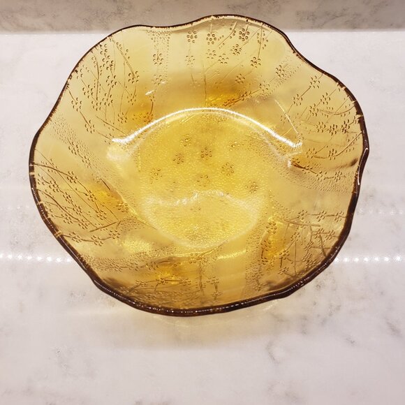 Pasabahce Vintage Amber Glass Bowl that has Embossed Flowers & Scalloped - Picture 2 of 7